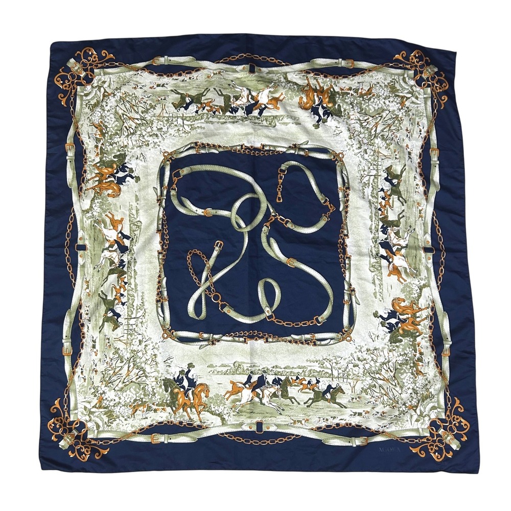 Equestrian Fox Hunt Italian Square Scarf Horse Belt Chain Print Navy Agona